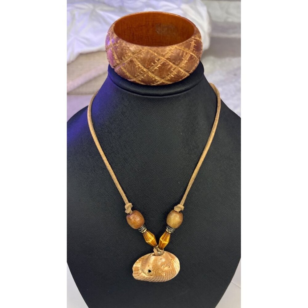 Vintage Handmade Shell Necklace W/ Wood Beads & Adjustable Suede Cord Bracelet